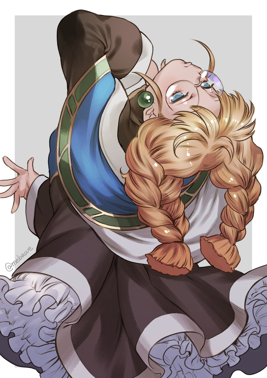 1girl absurdres artist_name black_dress blue_cape blunt_ends border braided_twintails cafe_artful cape closed_mouth commentary_request dress earrings feet_out_of_frame glasses grey_background hayasaka head_back highres jewelry long_dress long_hair long_sleeves multicolored_cape no_pupils orange_hair parted_bangs pearl_earrings petticoat rance_(series) round_eyewear simple_background solo white_border white_cape