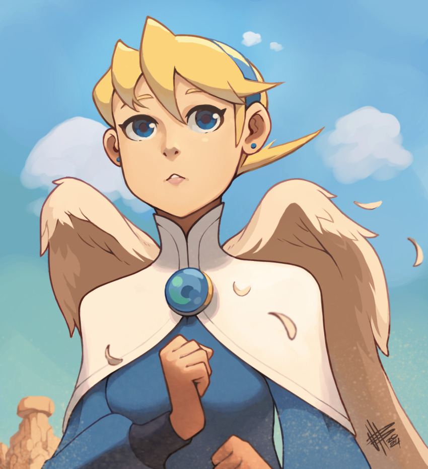 blonde_hair blue_eyes capcom cloud cloudy_sky feathers gem hairband highres lips long_sleeves looking_up mateus_upd mountain nina_(breath_of_fire_iv) short_hair sky video_game wings