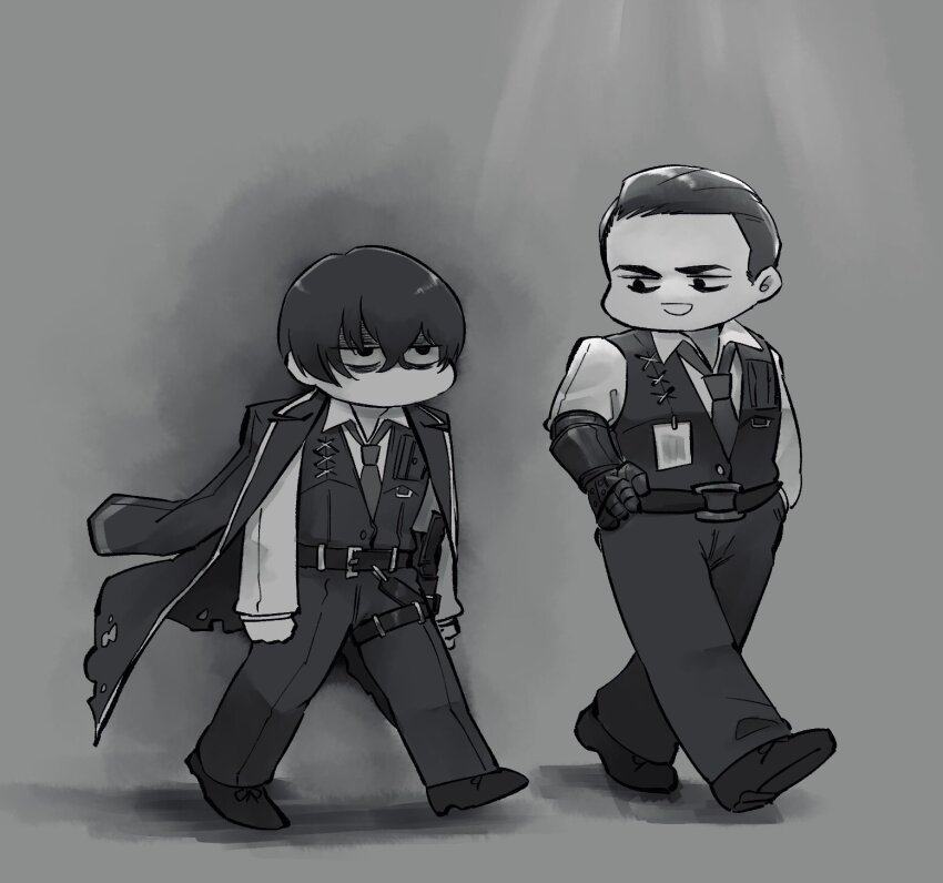 2boys belt black_hair black_suit dagger formal_clothes gauntlets glaring hair_slicked_back hand_on_own_hip highres id_card knife limbus_company male_focus meursault_(project_moon) multiple_boys necktie open_clothes project_moon short_hair suit thigh_sheath thigh_strap vest walking weapon yatsumeunagi yi_sang_(project_moon)