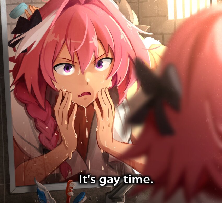 1boy astolfo_(fate) bar_soap bars black_bow blurry blurry_foreground bow braid commentary d: english_text fate/apocrypha fate_(series) faucet hair_between_eyes hair_bow highres khyle. looking_at_mirror male_focus mirror open_mouth pink_hair prison_cell purple_eyes reflection solo toothbrush towel towel_around_neck trap upper_body water