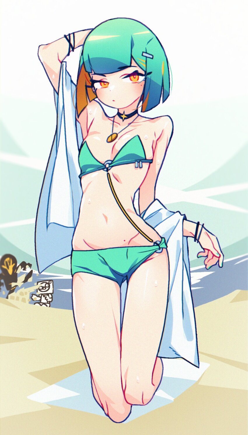 1girl aqua_bikini aqua_hair arm_up beach bikini black_choker blonde_hair blunt_bangs blush bob_cut bracelet breasts choker dot_nose groin hair_ornament hairclip hamma hand_on_own_head highres jewelry kneeling light_frown looking_at_viewer mint_star_(hamma) mole mole_on_stomach mole_under_eye multicolored_hair multiple_bracelets navel o-ring o-ring_bikini off_shoulder open_clothes open_shirt pendant shirt small_breasts solo_focus strapless strapless_bikini swimsuit wet white_shirt yellow_eyes