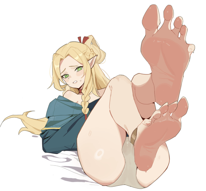1girl barefoot blonde_hair blush dungeon_meshi feet feet_up green_eyes highres long_hair looking_at_viewer marcille_donato panties parted_lips pointy_ears ponytail soles toes un_ke_yukiovo underwear