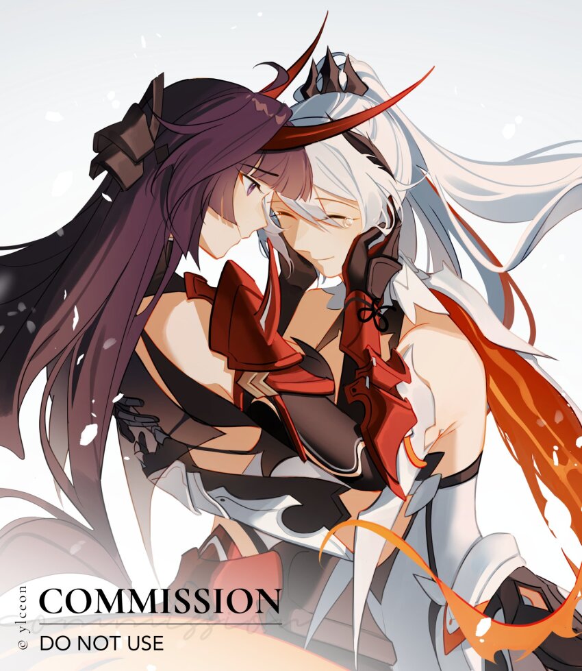 2girls bare_shoulders black_gloves closed_eyes closed_mouth commentary commission english_commentary english_text gloves grey_background hands_on_another&#039;s_back hands_on_another&#039;s_face highres honkai_(series) honkai_impact_3rd horns hug kiana_kaslana long_hair looking_at_another multiple_girls ponytail purple_eyes purple_hair raiden_mei simple_background smile tearing_up tears upper_body white_hair ylceon yuri