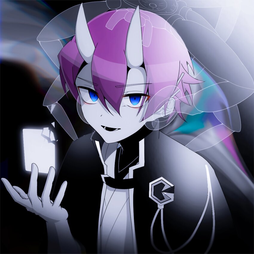 1boy alternate_universe atltax_00 black_background black_capelet blue_eyes border capelet double-parted_bangs empty_eyes facing_to_the_side gloves hand_up highres hologram horns japanese_clothes kimono looking_to_the_side machine machinery male_focus mind_control open_mouth ornate_border pale_skin possessed purple_hair smoke sougetsu_gakuto transparent white_gloves white_kimono yu-gi-oh! yu-gi-oh!_sevens