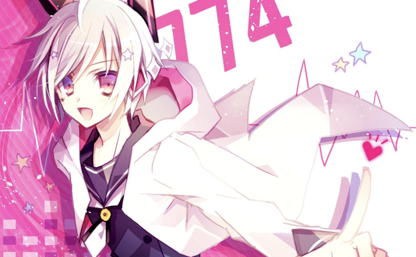 1bitheart 1boy animal_ears blue_shirt blush facial_mark fake_animal_ears fujikawa_(honomayu) hair_ornament headphones hood hood_down hoodie looking_at_viewer male_focus multicolored_background multicolored_eyes nanase_yoshi numbered open_mouth pink_background pink_eyes rabbit_ears sailor_collar shirt short_hair smile solo star_(symbol) star_facial_mark star_hair_ornament white_background white_hair white_hoodie white_sailor_collar yellow_eyes