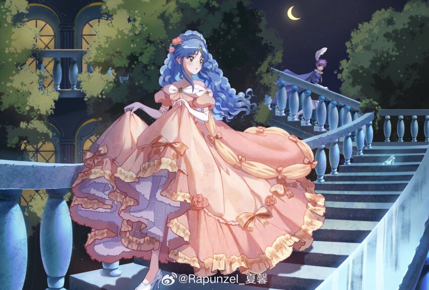 1boy 1girl aged_up asymmetrical_hair bare_shoulders beads blue_cape blue_hair blue_shirt bow cape cinderella commentary_request crescent_moon dress dress_bow dress_flower elbow_gloves eyelashes feather_hair_ornament feathers flower full_body fushigiboshi_no_futago_hime glass_slipper gloves gown green_brooch green_eyes hair_beads hair_flower hair_ornament high_heels high_ponytail highres juliet_sleeves light_particles long_dress long_hair long_sleeves looking_at_another looking_to_the_side moon neck_ruff night night_sky off-shoulder_dress off_shoulder orange_bow outdoors parted_bangs pink_cape pink_dress pink_flower pink_rose ponytail puffy_short_sleeves puffy_sleeves purple_hair rapunzel_xiaxin rein_(futagohime) rose shade_(futagohime) shirt shoes short_hair short_sleeves sidelocks sky stairs star_(sky) starry_sky tree vertical-striped_sleeves very_long_hair watermark wavy_hair weibo_watermark white_gloves white_shoes worried