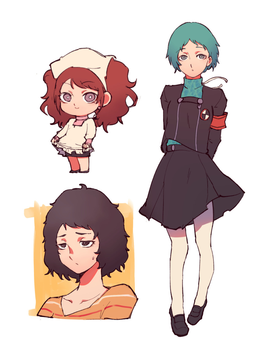 3girls aqua_hair armband arms_behind_back black_footwear blue_eyes blue_hair bright_pupils brown_eyes brown_hair chibi clothes_lift collarbone dress dress_lift earrings gekkoukan_high_school_uniform half-closed_eyes headscarf highres jewelry kawakami_sadayo kujikawa_rise loafers long_hair long_sleeves looking_at_viewer multiple_girls pantyhose persona persona_3 persona_4 persona_5 pink_shirt red_armband school_uniform shirt shirt_under_dress shirt_under_shirt shoes short_hair simple_background skirt smile striped_clothes striped_shirt sweatdrop tedty33 turtleneck twintails white_dress white_headscarf white_pupils yamagishi_fuuka yellow_shirt