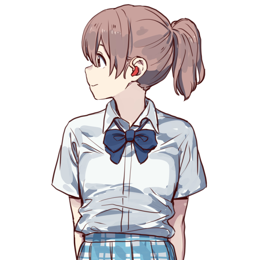 1girl blue_bow blue_bowtie blue_skirt bow bowtie brown_eyes brown_hair closed_mouth collared_shirt commentary dress_shirt earbuds earphones hearing_aid highres koe_no_katachi nishimiya_shouko onsen_tamago_(hs_egg) plaid_clothes plaid_skirt pleated_skirt ponytail profile shirt shirt_tucked_in short_sleeves simple_background skirt smile solo turning_head upper_body white_background white_shirt wireless_earphones
