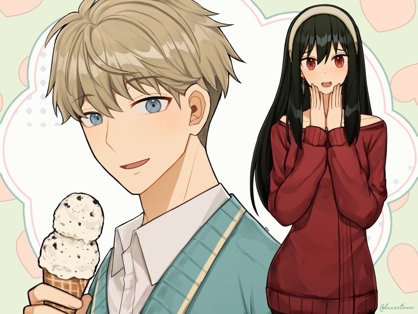 1boy 1girl absurdres black_hair blonde_hair blue_eyes blue_sweater blush breasts ducartoon earrings food hairband highres holding holding_ice_cream_cone husband_and_wife ice_cream ice_cream_cone jewelry long_hair long_sleeves open_mouth red_eyes red_sweater sidelocks simple_background smile spy_x_family sweater twilight_(spy_x_family) white_hairband yor_briar