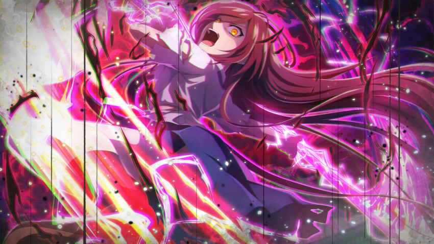 1girl aura black_socks blue_sky dark_aura dutch_angle floating_hair game_cg highres higurashi_no_naku_koro_ni higurashi_no_naku_koro_ni_mei holding holding_polearm holding_weapon long_hair looking_at_viewer miniskirt naginata non-web_source official_art open_mouth outdoors polearm purple_hair saionji_miyabi school_uniform shirt short_sleeves shrine skirt sky socks solo teeth torn_clothes torn_shirt weapon white_shirt yellow_eyes