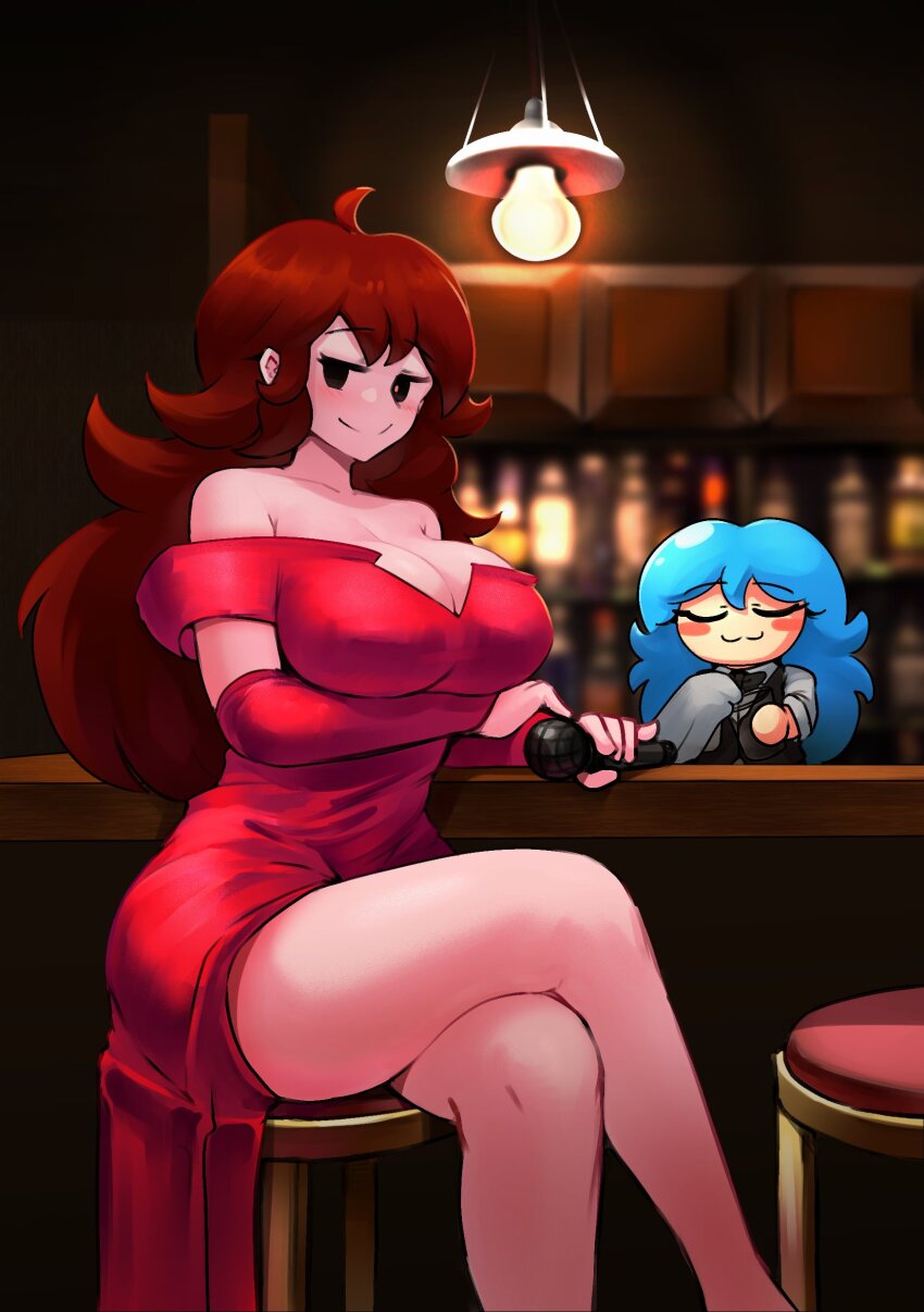 2girls :3 absurdres ahoge alcohol bar_(place) bare_shoulders black_eyes blue_hair blurry blurry_background blush bottle breasts brown_hair chair cleaning cleavage closed_eyes crossed_legs detached_sleeves dress elbow_sleeve female_focus friday_night_funkin&#039; gipehtyboo girlfriend_(friday_night_funkin&#039;) glass highres holding holding_glass holding_microphone large_breasts light_bulb long_hair looking_at_viewer microphone mismatched_pupils multiple_girls no_fingers red_dress red_sleeves sitting sky_(friday_night_funkin&#039;) smile