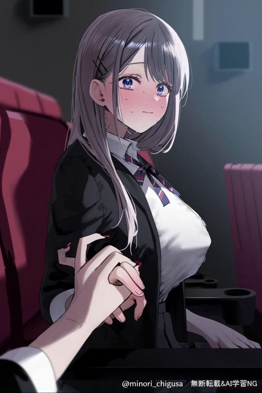 2girls black_jacket black_nails blue_eyes blush breasts chigusa_minori closed_mouth gradient_nails grey_hair grey_skirt hair_ornament hairclip highres holding_hands jacket large_breasts long_hair multiple_girls nail_polish nervous_sweating open_clothes open_jacket pleated_skirt purple_nails saotome_shino_(shino_to_ren) shino_to_ren shirayuki_ren shirt skirt sweat twitter_username white_shirt yuri