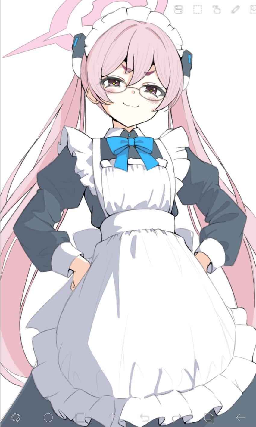 +_+ 1girl :3 alternate_costume apron art_program_in_frame back_bow bespectacled black_dress blue_archive blue_bow blue_bowtie blush bow bowtie closed_mouth collared_dress commentary double-parted_bangs doyagao dress enmaided feet_out_of_frame frilled_apron frills glasses hair_between_eyes hair_intakes halo hands_on_own_hips highres ibispaint_(medium) juliet_sleeves koyuki_(blue_archive) long_hair long_sleeves looking_at_viewer maid maid_apron maid_headdress pink_eyes pink_hair pink_halo puffy_sleeves round_eyewear simple_background smile smug solo split_mouth standing thick_eyebrows twintails v-shaped_eyebrows very_long_hair wa_sumi white_apron white_background white_bow