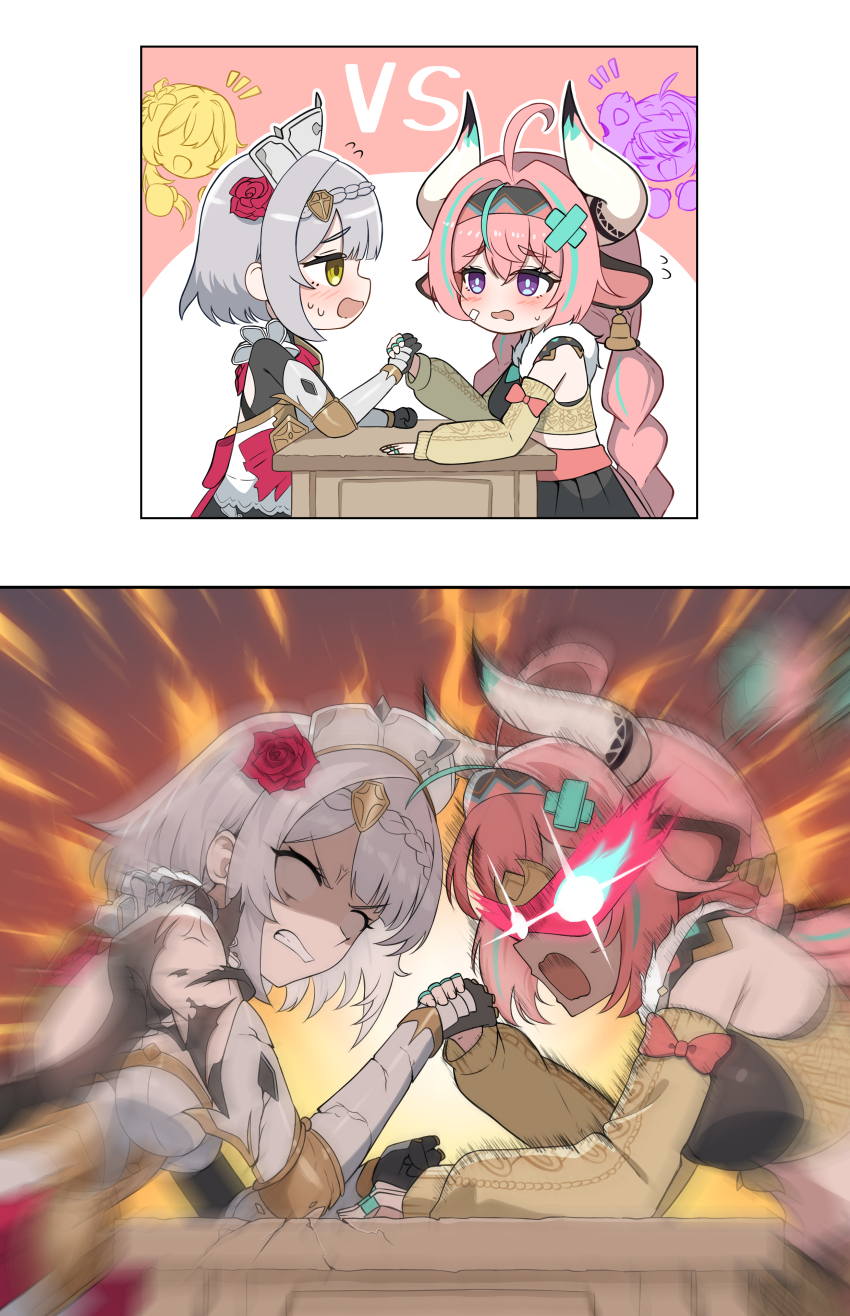 absurdres ahoge animal_ears arm_wrestling blush braid clenched_teeth cow_ears cow_horns cracked_armor detached_sleeves ear_bell exploding_clothes flower gauntlets genshin_impact green_eyes grey_hair hair_flower hair_ornament hairband highres horns iansan_(genshin_impact) jhp987 lumine_(genshin_impact) mask noelle_(genshin_impact) pink_hair purple_eyes teeth twin_braids varesa_(genshin_impact) veins