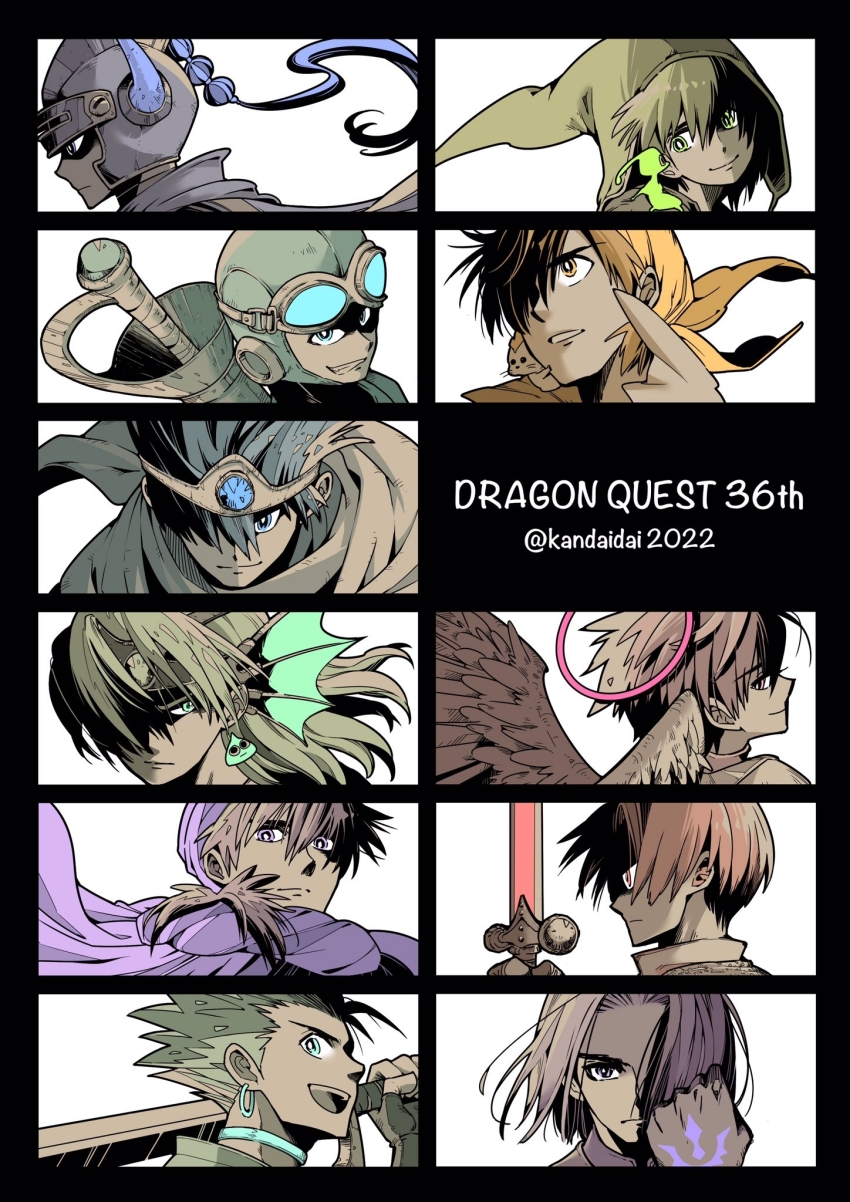 6+boys ancestor_and_descendant angel angel_wings anniversary aqua_hair bandana black_border blue_choker blue_eyes blue_gemstone border bright_pupils brown_hair cape choker circlet clenched_hand commentary_request copyright_name dragon_quest dragon_quest_i dragon_quest_ii dragon_quest_iii dragon_quest_iv dragon_quest_ix dragon_quest_v dragon_quest_vi dragon_quest_vii dragon_quest_viii dragon_quest_x dragon_quest_xi earrings fake_horns fins floating_hair gem goggles goggles_on_headwear green_eyes grin hair_over_one_eye halo hand_tattoo head_fins helmet hero_(dq1) hero_(dq10) hero_(dq11) hero_(dq3) hero_(dq4) hero_(dq5) hero_(dq6) hero_(dq7) hero_(dq8) hero_(dq9) highres holding holding_sword holding_weapon hoop_earrings horned_helmet horns in-franchise_crossover jewelry kanbayashi_daidai limited_palette looking_at_viewer looking_back looking_up male_focus medium_hair multiple_boys munchie_(dq8) open_mouth orange_bandana orange_eyes parted_hair partially_shaded_face pink_eyes pink_halo prince_of_lorasia profile purple_cape purple_eyes purple_turban red_eyes roto_(dq3) short_hair slime_(dragon_quest) smile spiked_hair sword sword_on_back tattoo twitter_username upper_body weapon weapon_on_back white_pupils wings