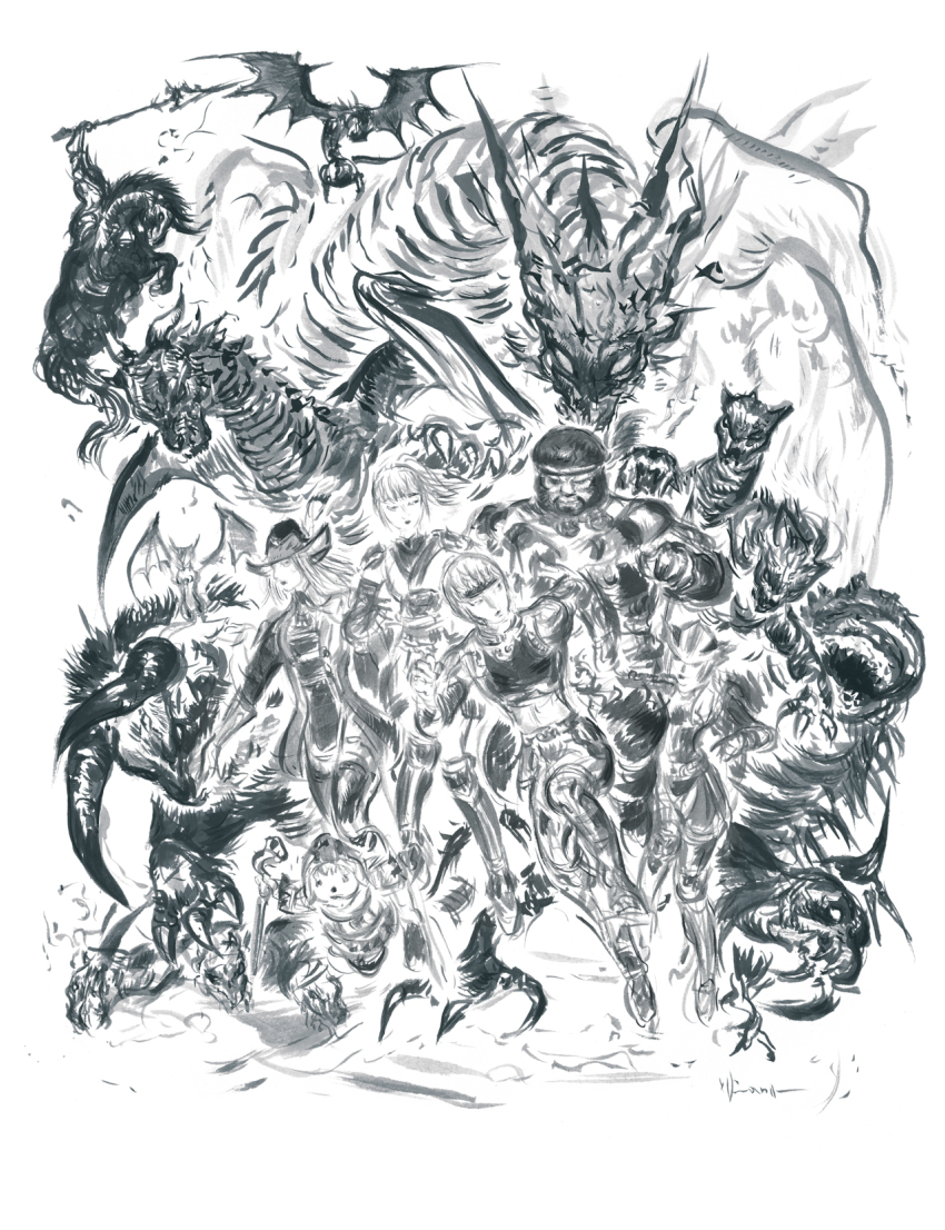 1other 2boys 3girls adventurer_(ff11) amano_yoshitaka ascot beard behemoth_(final_fantasy) cerberus commentary dragon dragoon_(final_fantasy) elf elvaan facial_hair final_fantasy final_fantasy_xi forehead_protector galka greyscale hat hat_feather highres holding holding_staff hume hydra monk_(final_fantasy) monochrome multiple_boys multiple_girls mustache odin_(final_fantasy) official_art pointy_ears ponytail puppetmaster_(final_fantasy) red_mage_(final_fantasy) second-party_source short_hair simple_background sleipnir_(final_fantasy) staff tarutaru warrior_(final_fantasy) white_background white_mage_(final_fantasy)