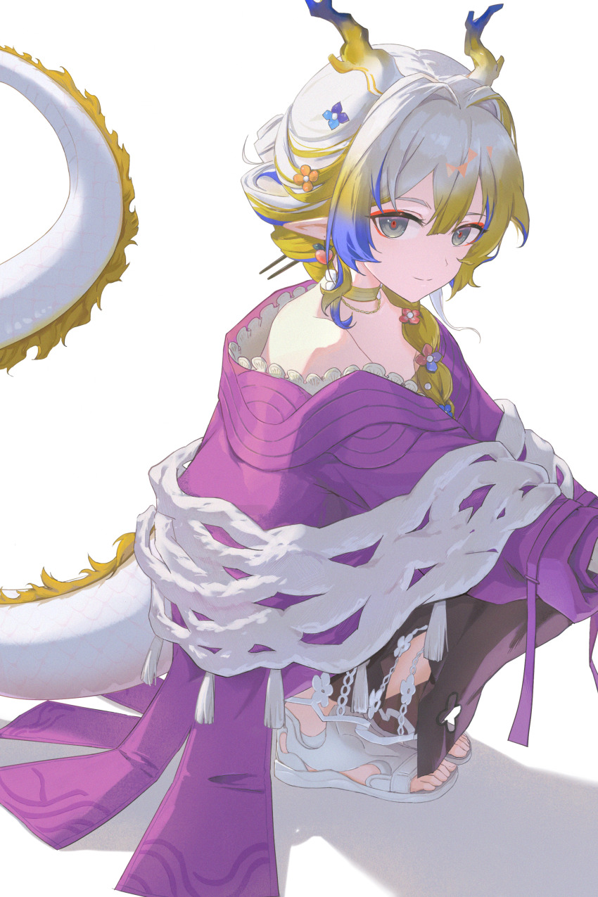 1girl absurdres arknights blonde_hair braid choker closed_mouth deafears earrings flower frills fruit_earrings full_body grey_eyes hair_between_eyes hair_flower hair_intakes hair_ornament hair_over_shoulder highres jacket jewelry long_hair looking_at_viewer multicolored_hair official_alternate_costume pink_jacket pointy_ears purple_hair red_pupils sandals shadow shawl shu_(arknights) shu_(spring_feast)_(arknights) simple_background smile solo split_mouth squatting tassel white_background white_hair white_shawl yellow_choker