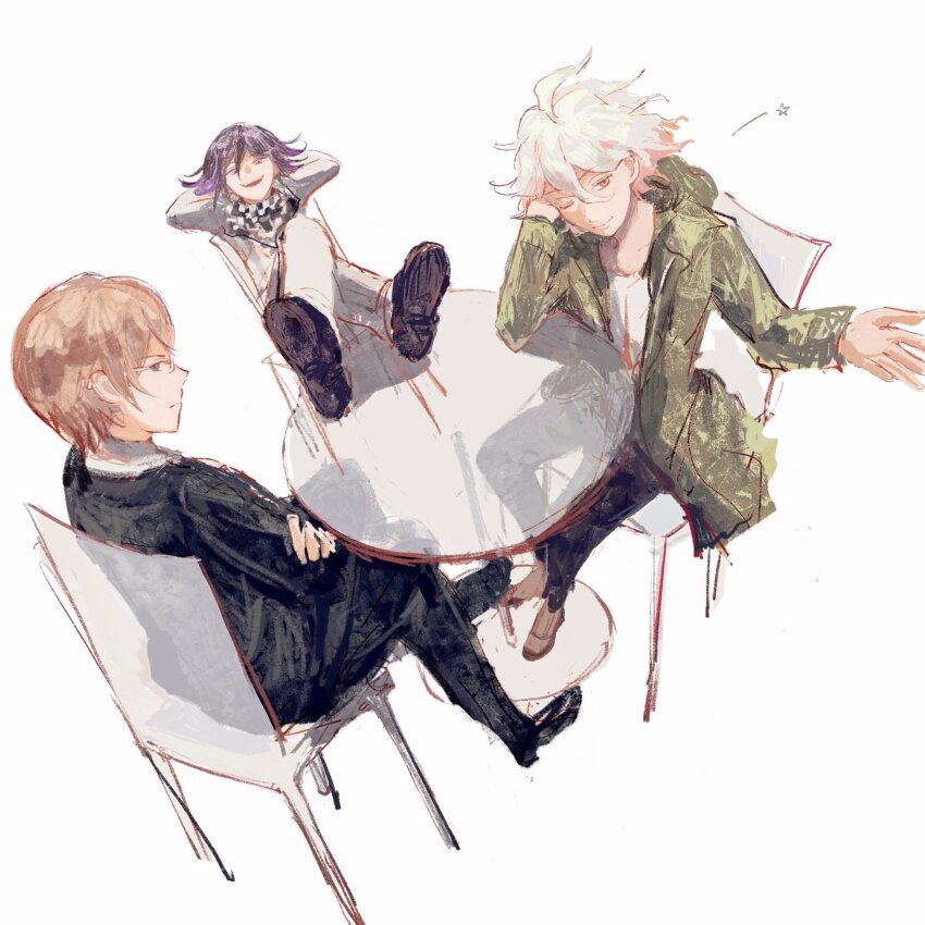 3boys arms_behind_head black_jacket blonde_hair blue_eyes checkered_clothes checkered_scarf collared_shirt commentary crossed_arms crossed_legs danganronpa:_trigger_happy_havoc danganronpa_(series) danganronpa_2:_goodbye_despair danganronpa_v3:_killing_harmony english_commentary flipped_hair from_above from_side glasses green_jacket grin hair_between_eyes highres hood hood_down hooded_jacket jacket komaeda_nagito legs_on_table long_sleeves male_focus medium_hair messy_hair multiple_boys oma_kokichi one_eye_closed open_clothes orenorenji pants perspective print_shirt purple_eyes purple_hair round_table scarf shirt short_hair simple_background sitting smile smirk table togami_byakuya white_hair white_shirt