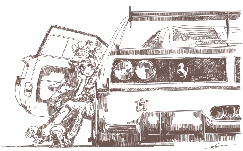 1girl ashton_marten_(vtuber) car chinchilla_ears chinchilla_girl chinchilla_tail commission detached_pants detached_sleeves ferrari ferrari_f40 from_behind greyscale hand_on_own_cheek hand_on_own_face highres indie_virtual_youtuber looking_at_viewer mizukiri_fuurai monochrome motor_vehicle roller_skates short_hair sitting skates skeb_commission solo spoiler_(automobile) sports_car tongue tongue_out v vehicle_focus virtual_youtuber visor_cap