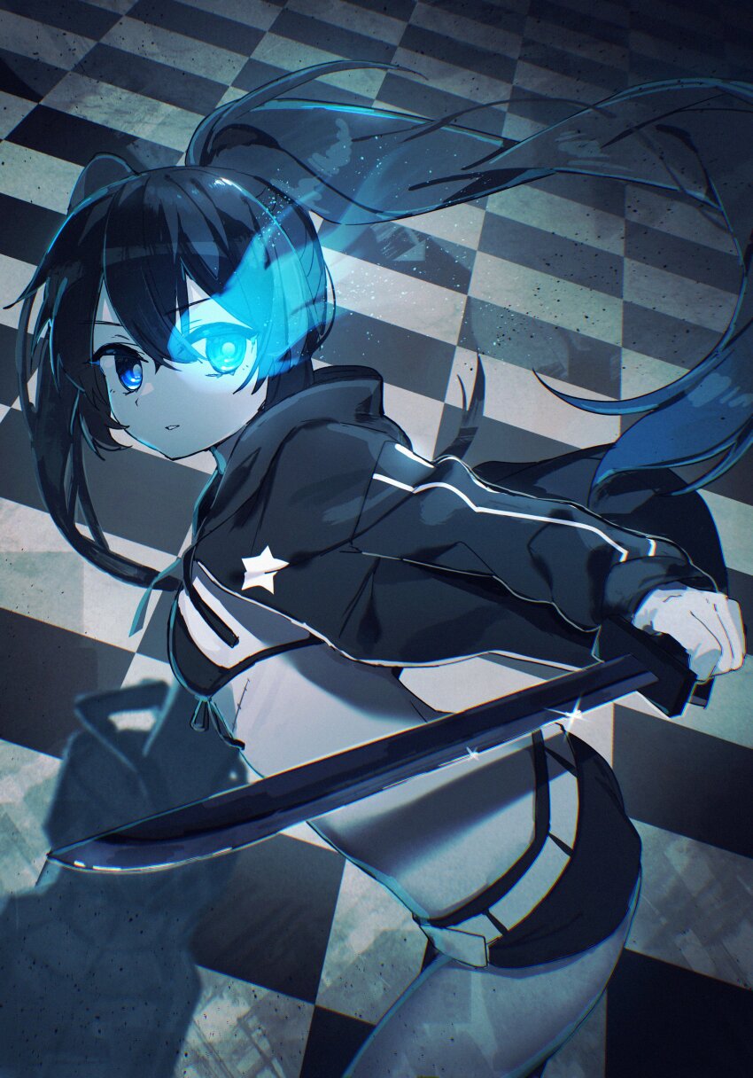 1girl absurdres arm_cannon belt bikini bikini_top_only black_bikini black_hair black_jacket black_rock_shooter black_rock_shooter_(character) black_rock_shooter_(character)_(cosplay) black_shorts blue_eyes breasts checkered_floor commentary cosplay cowboy_shot double-parted_bangs flaming_eye from_side front-tie_top glowing glowing_eye hair_between_eyes hatsune_miku highres holding holding_cannon holding_sword holding_weapon hood hood_down hooded_jacket jacket long_hair looking_at_viewer looking_to_the_side midriff no_shirt open_clothes open_jacket pale_skin parted_lips rock_cannon scar short_shorts shorts small_breasts solo star_(symbol) star_print swimsuit sword tsuchinoko_(tutituti0125) twintails uneven_twintails vocaloid weapon white_belt