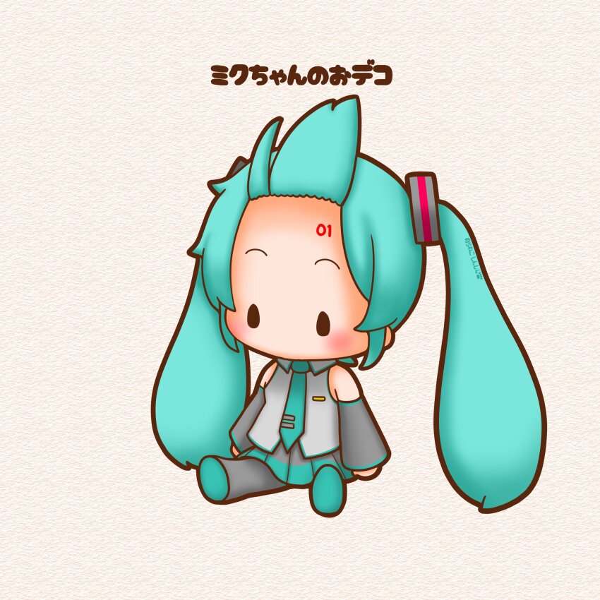 1girl abstract_background absurdres aqua_hair aqua_necktie aqua_skirt armpit_peek armpits artist_name bare_shoulders black_boots black_skirt black_sleeves blush boots chibi chibi_only collared_shirt commentary_request detached_sleeves facing_to_the_side floating_hair forehead_tattoo grey_background grey_shirt hair_ornament hairclip hatsune_miku highres long_hair looking_to_the_side miniskirt mosaic_background necktie number_tattoo pleated_skirt sh1n_chan shirt sidelocks signature sitting skirt sleeveless sleeveless_shirt solid_oval_eyes solo striped_clothes striped_shirt striped_sleeves tattoo thigh_boots twintails two-tone_skirt very_long_hair vocaloid