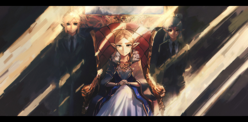 1boy 2girls absurdres armchair arms_behind_back chair facial_mark forehead_mark formal_clothes hair_bun highres hyrule_warriors:_age_of_calamity impa letterboxed link mpka_yt multiple_girls necktie nintendo own_hands_together picture_frame pointy_ears princess_zelda serious single_hair_bun sitting smile standing suit sunlight the_legend_of_zelda the_legend_of_zelda:_breath_of_the_wild