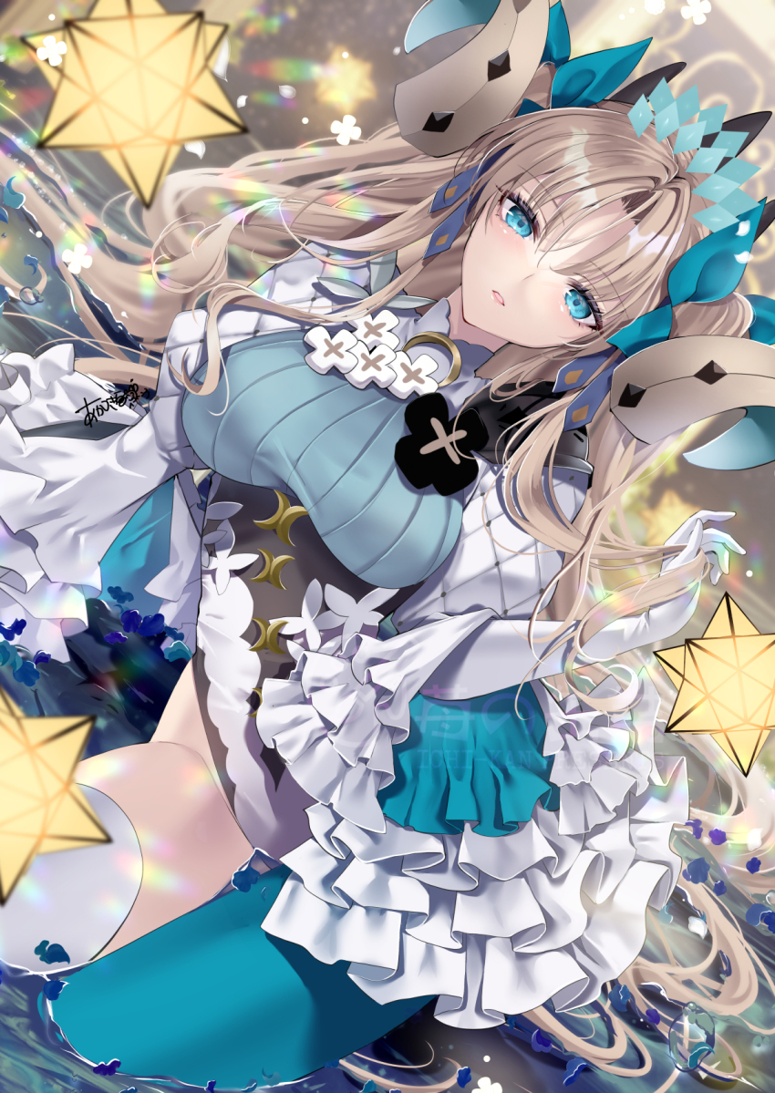 1girl akatsuki_hijiri aqua_pantyhose asymmetrical_legwear blue_eyes breasts brown_hair elbow_gloves ereshkigal_(fate) fate/grand_order fate_(series) frilled_sleeves frills gloves highres leotard long_hair long_sleeves looking_at_viewer mismatched_legwear pantyhose parted_lips signature single_leg_pantyhose solo space_ereshkigal_(fate) space_ereshkigal_(third_ascension)_(fate) thighhighs twintails white_gloves white_thighhighs wide_sleeves