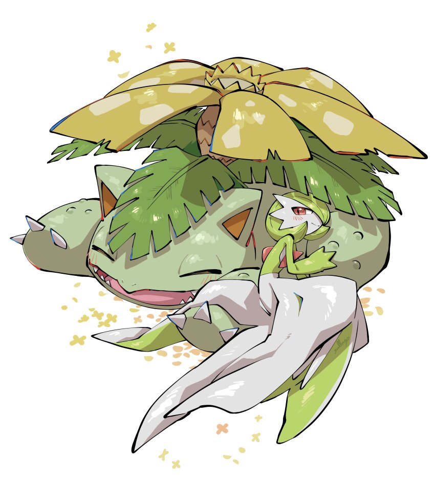 absurdres alternate_color blush closed_eyes colored_skin commentary fangs flower full_body game_freak gardevoir gen_1_pokemon gen_3_pokemon green_skin hair_over_one_eye highres invisible_floor lying lying_on_another multicolored_skin nintendo no_humans nullma on_ground open_mouth pokemon pokemon_(creature) red_eyes shiny_pokemon simple_background smile symbol-only_commentary tongue two-tone_skin venusaur white_background white_skin yellow_flower