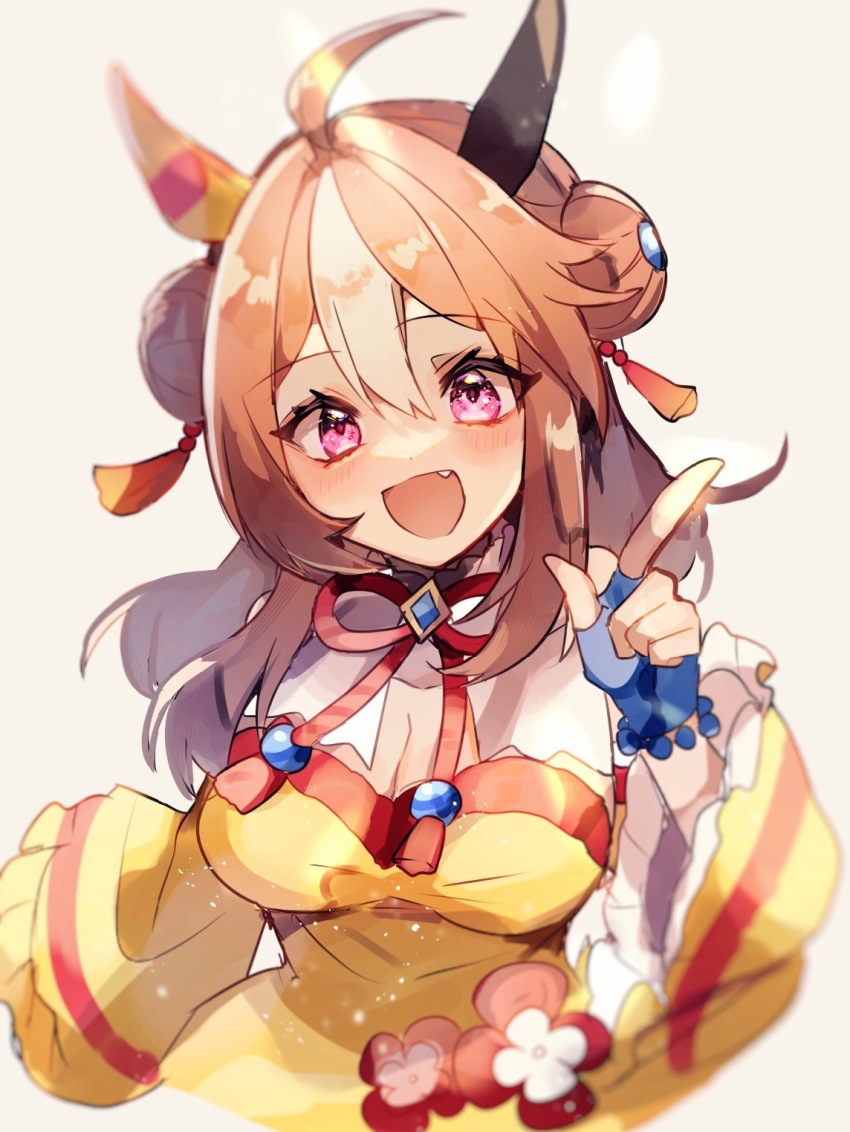 1girl ahoge animal_ears blue_gloves breasts brown_background brown_hair chinese_clothes cleavage commentary_request copano_rickey_(umamusume) cropped_torso double_bun dress ear_covers eyelashes fang fingerless_gloves frilled_sleeves frills gloves hair_bun hair_ornament highres horse_ears horse_girl long_sleeves looking_at_viewer medium_breasts medium_hair multicolored_hair open_mouth pointing pointing_at_viewer purple_eyes shirano_akihiro simple_background smile solo streaked_hair tassel tassel_hair_ornament umamusume white_hair wide_sleeves yellow_dress