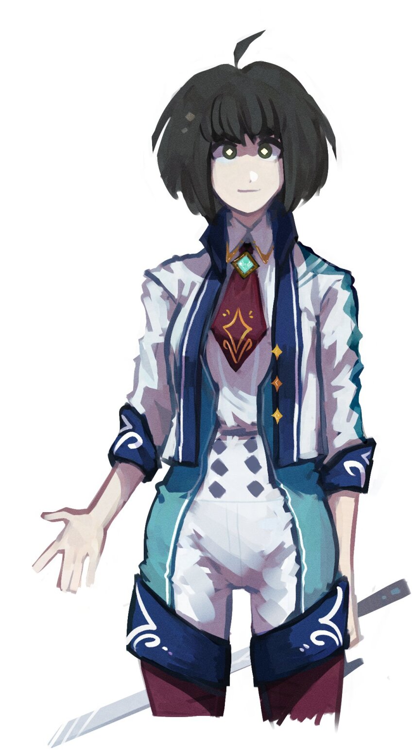 1girl ahoge alternate_costume closed_mouth commentary cropped_legs danganronpa_(series) danganronpa_another_episode:_ultra_despair_girls english_commentary genshin_impact green_hair highres holding holding_sword holding_weapon lily_(superkiiisa) naegi_komaru shirt short_hair shorts simple_background solo sword weapon white_background white_shirt white_shorts