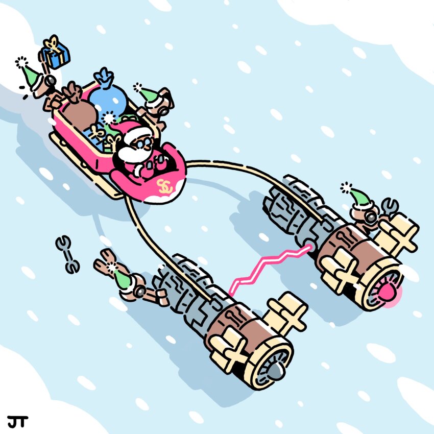1boy beard box chibi chibi_only christmas clinging commentary droid english_commentary facial_hair gift gift_box glasses green_hat hat highres jacket james_turner male_focus notice_lines opaque_glasses outdoors parody podracer red_hat red_jacket riding robot sack santa_claus santa_costume santa_hat signature sled snow snowing star_wars wrench