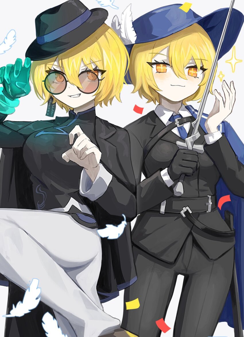 2girls :3 armlet belt black_belt black_coat black_gloves black_hat black_pants blonde_hair blue_coat blue_hat blue_necktie bob_cut chinese_clothes cinq_association_(identity)_(project_moon) cinq_east_(identity)_(project_moon) claw_pose coat collared_shirt commentary cowboy_shot cross-shaped_pupils don_quixote_(project_moon) earrings eyelashes feathers gloves grin hat hat_feather highres holding holding_sword holding_weapon jewelry leg_up light_blush limbus_company looking_at_viewer multiple_girls necktie ofuda ofuda_earrings orange_eyes pants parted_lips project_moon ro/ku round_eyewear saber_(weapon) shirt simple_background smile sparkle sword symbol-shaped_pupils tilted_headwear tinted_eyewear turtleneck unworn_coat weapon white_background white_pants white_shirt