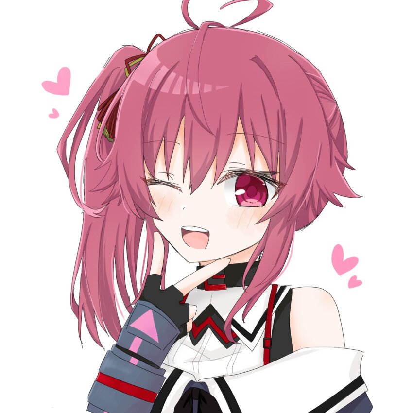 1girl ;d antenna_hair arm_at_side assault_lily bare_shoulders black_gloves black_ribbon black_shirt blush commentary fingerless_gloves gloves hair_between_eyes hair_ribbon hand_up heart high_ponytail highres long_hair looking_at_viewer nagasaka_maho neck_ribbon off_shoulder one_eye_closed open_mouth ponytail red_eyes red_hair red_ribbon ribbon sana_(hs_yp1) school_uniform shirt simple_background smile solo teeth two-tone_shirt upper_teeth_only v vambraces white_background white_shirt yellow_ribbon yurigaoka_girls_academy_school_uniform