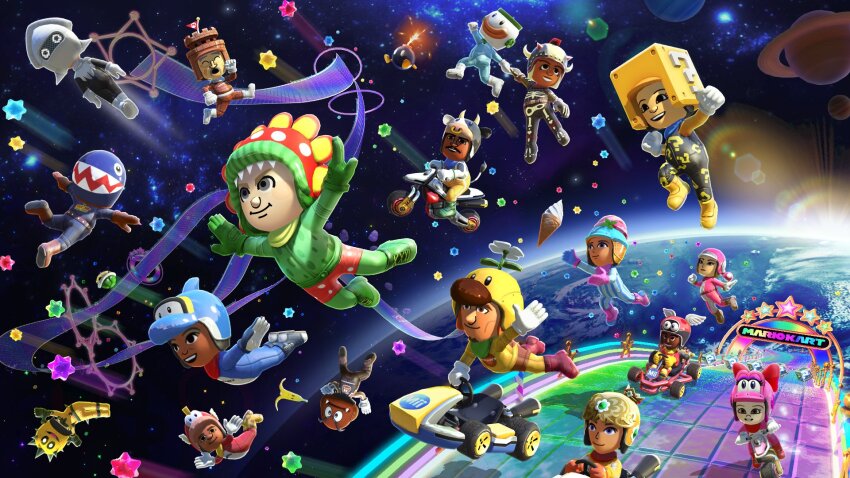 6+boys 6+girls ?_block biker birdo blooper bob-omb body_fur brown_eyes chain_chomp cheep_cheep cow dolphin dolphin_(mario) gloves goomba grin helmet highres jumping koopa_clown_car mario_(series) mario_kart mario_kart_8 mario_kart_8_deluxe mii_(nintendo) multiple_boys multiple_girls nintendo official_art para-biddybud petey_piranha piranha_plant pokey_(mario) princess_daisy rainbow_road riding smile space toadette wiggler