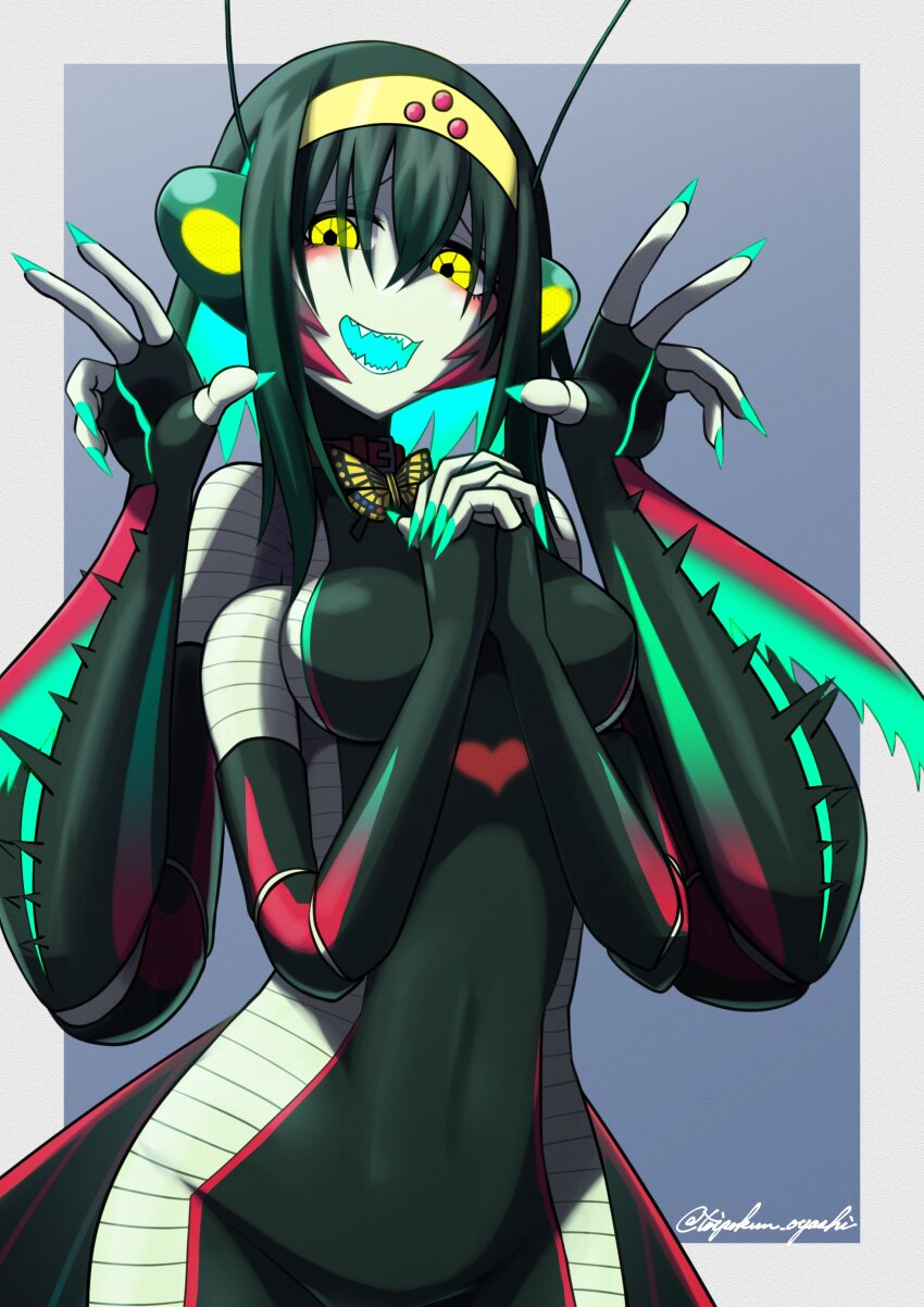 1girl absurdres antennae arthropod_girl arthropod_limbs artist_name blue_background blue_hair breasts collar colored_inner_hair colored_skin colored_tongue compound_eyes extra_eyes extra_hands fangs fingernails glowing glowing_hair glowing_mouth glowing_nails green_eyes green_hair green_nails green_skin green_tongue hands_up highres insect_wings looking_at_viewer mantis_girl medium_breasts medium_hair monster_girl multicolored_hair open_mouth original own_hands_clasped own_hands_together red_collar sharp_fingernails sharp_teeth simple_background skin_tight solo standing teeth toipokun_oyashi twitter_username upper_body wings