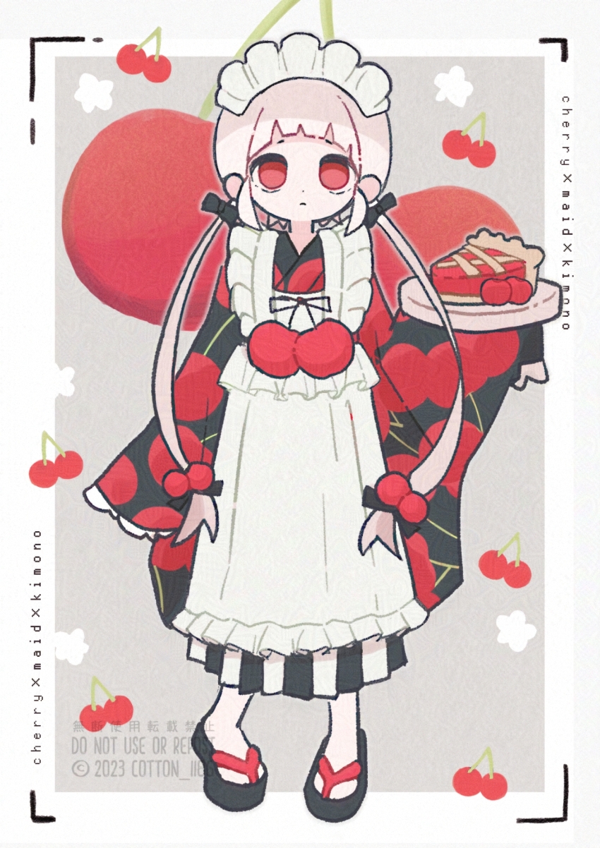1girl apron black_bow black_kimono black_sandals bow cherry_pie cherry_print closed_mouth commentary_request cotton_1186 food food_print frilled_apron frills from_behind fruit_print full_body hair_bow highres holding holding_plate japanese_clothes kimono long_hair long_sleeves maid maid_apron maid_headdress original pie pink_hair plate red_eyes sandals sleeves_past_fingers sleeves_past_wrists solo star_(symbol) twintails wa_maid watermark white_apron wide_sleeves