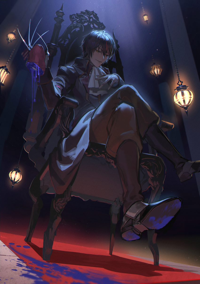 1boy ascot black_footwear black_hair black_sclera blood blood_drip blood_splatter blue_blood chair claw_(weapon) claws colored_sclera commentary_request crossed_legs diablo_(tensura) from_below full_body hanging_lantern high_collar highres indoors lamp light light_particles long_sleeves looking_at_viewer male_focus on_chair red_carpet rosetta_tailor short_hair sitting smile solo splatter tensei_shitara_slime_datta_ken throne weapon white_ascot yellow_eyes