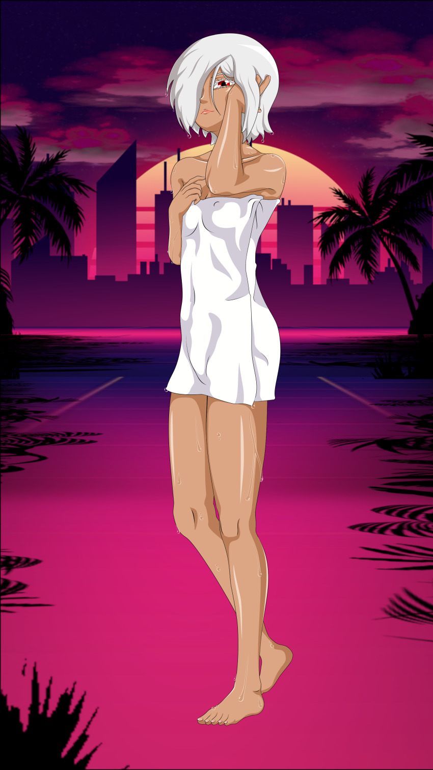 absurdres barefoot blush covered_erect_nipples highres kuu_chan kuudere looking_at_viewer looking_down red_eyes self-upload skyline sleepy_fox synthwave tan towel wet wet_face wet_hair white_hair wifu_box