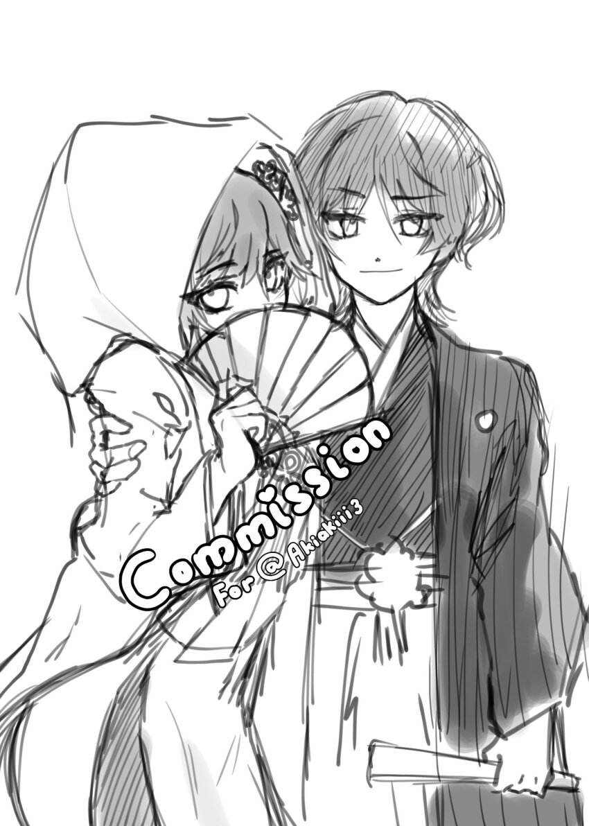 1boy 1girl alternate_costume arm_at_side blunt_bangs bridal_veil chinese_knot commission couple dengjenk dress fan_over_face folding_fan genshin_impact good_luck_knot hair_between_eyes hakama hakama_pants hand_fan hand_on_another&#039;s_shoulder haori haori_himo hatching_(texture) hetero highres holding holding_fan husband_and_wife japanese_clothes kimono linear_hatching long_sleeves looking_at_viewer mona_(genshin_impact) pants parted_bangs scaramouche_(genshin_impact) shiromuku side-by-side sketch uchikake veil wataboushi wedding wedding_dress white_background