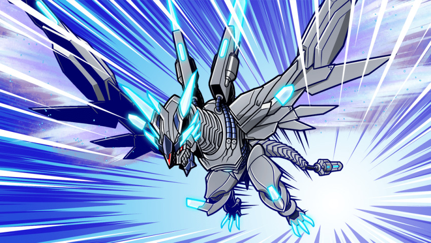 artist_request cable cable_tail digimon digimon_(creature) dragon flying mechanical_tail metallicdramon motion_lines no_humans official_art speed_lines tagme tail