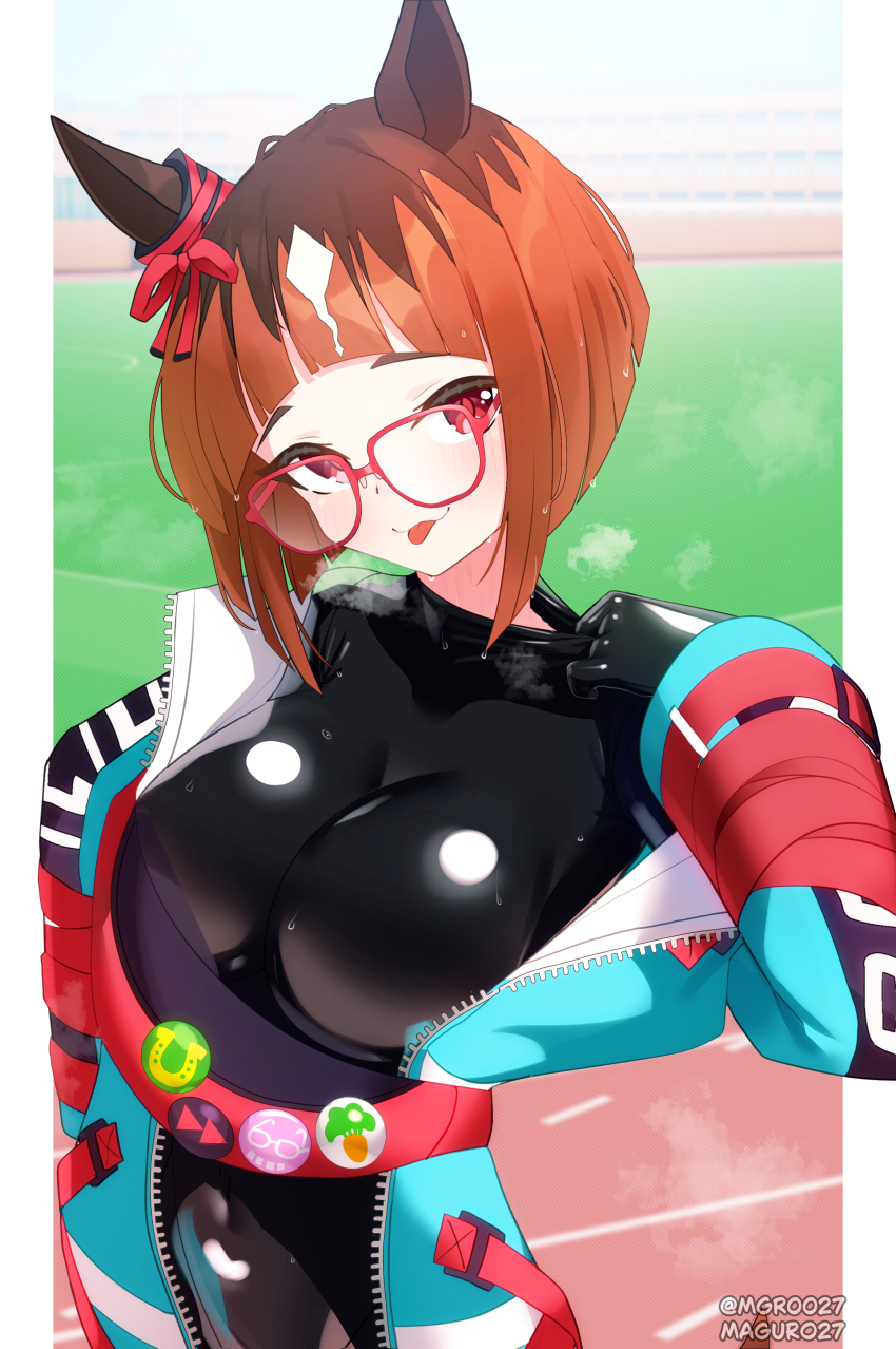 1girl absurdres animal_ears arched_bangs black_bodysuit blue_jacket blunt_bangs blunt_ends blush bodysuit breasts closed_mouth commentary commission covered_navel glasses highres horse_ears horse_girl impossible_bodysuit impossible_clothes jacket large_breasts latex latex_bodysuit maguro27 mixed-language_commentary open_clothes open_jacket orange_hair pixiv_commission red-framed_eyewear red_eyes short_hair smile solo steaming_body sweat tongue tongue_out transcend_(umamusume) umamusume