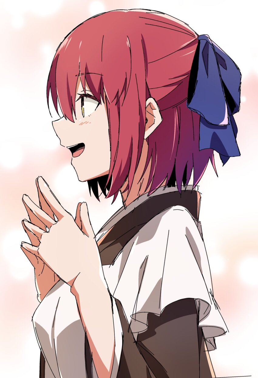 1girl azami_masurao blue_ribbon blush breasts brown_kimono collar hair_between_eyes hair_ribbon highres japanese_clothes kimono kohaku_(tsukihime) maid open_mouth pink_hair ribbon short_hair small_breasts smile teeth tsukihime tsukihime_(remake) uvula white_background yellow_eyes