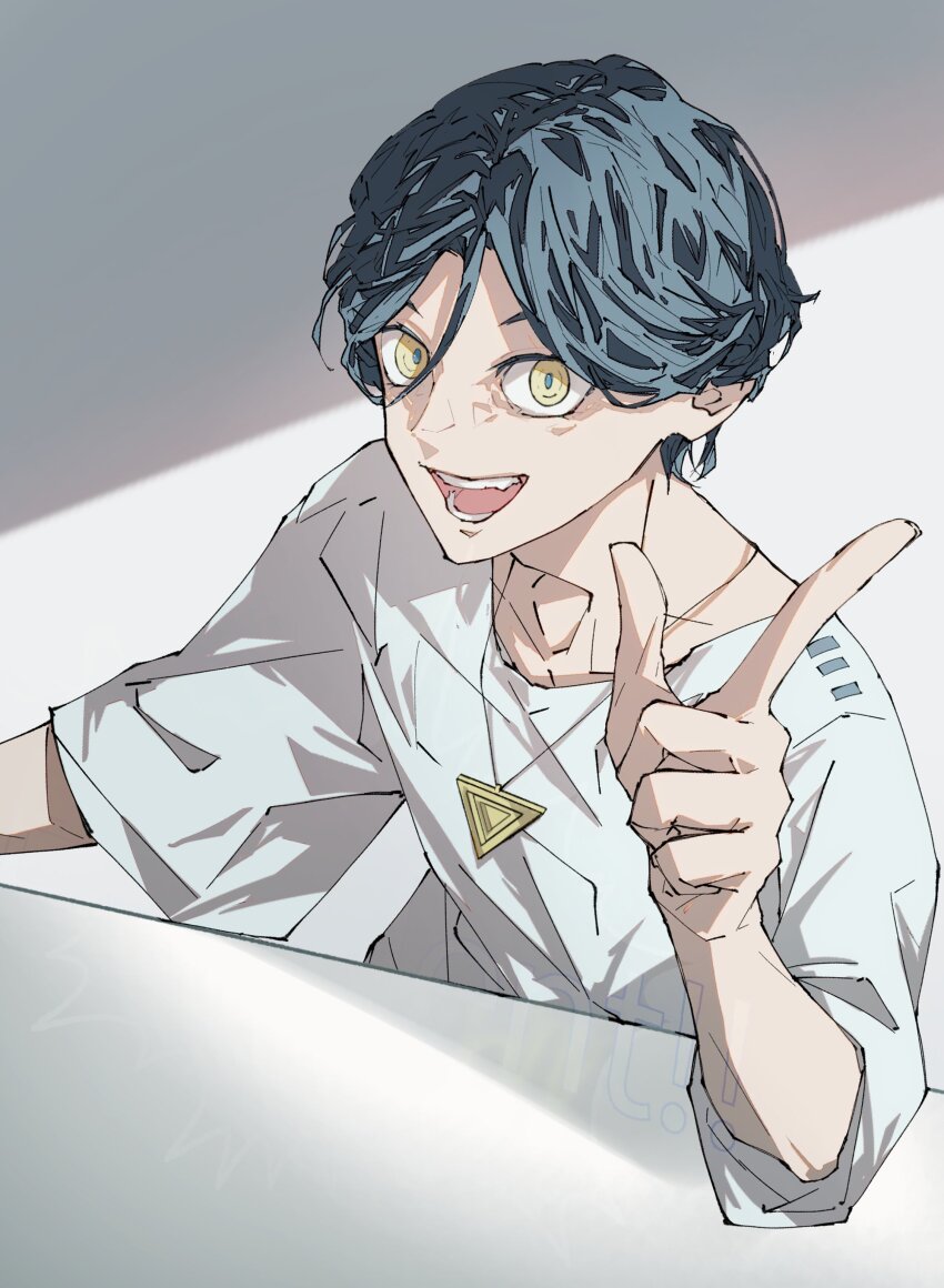 1boy :d absurdres blue_hair commentary_request hair_between_eyes hand_up highres index_finger_raised looking_at_viewer male_focus meguriya_ayumu open_mouth shikishima_(3jikaika) shirt short_hair short_sleeves simple_background smile solo teeth textless_version toshi_densetsu_kaitai_center triangle_necklace upper_body white_shirt yellow_eyes