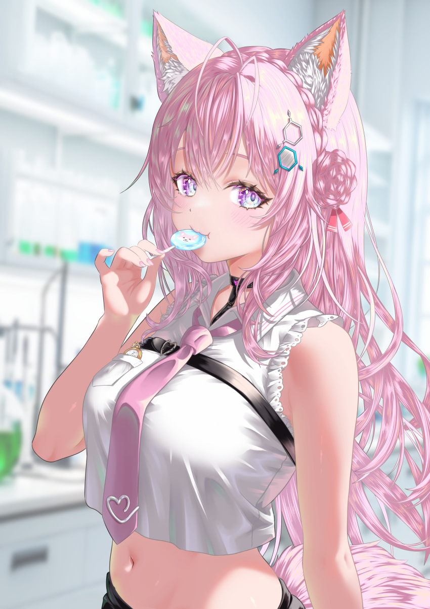 1girl absurdres ahoge animal_ears bare_arms bare_shoulders black_choker blue_eyes blurry braid breasts candy choker collared_shirt crop_top depth_of_field food frilled_shirt frills hair_bun hakui_koyori hakui_koyori_(1st_costume) hand_up highres holding holding_candy holding_food holding_lollipop hololive lollipop long_hair looking_at_viewer medium_breasts midriff nanaki24 navel necktie pink_hair pink_necktie shirt sleeveless sleeveless_shirt solo stomach virtual_youtuber white_shirt wolf_ears