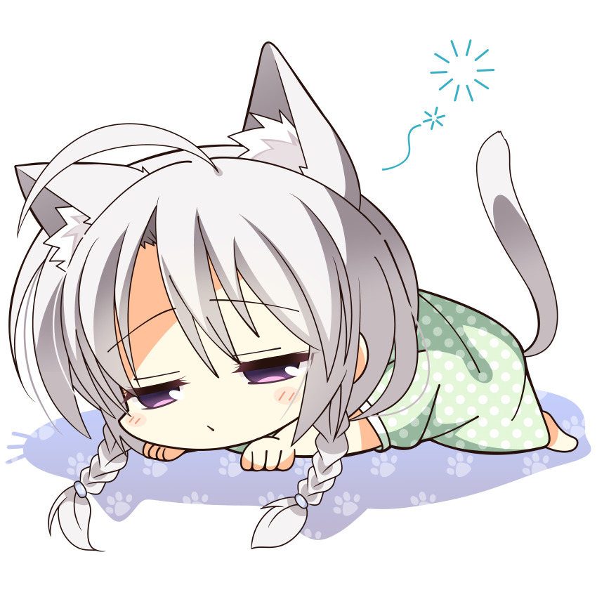absurdres ahoge animal_ear_fluff animal_ears ayachi_nene blush braid cat_ears cat_girl cat_tail chibi highres kaon_zz long_hair long_sleeves lying on_ground on_stomach open_mouth pajamas paw_print purple_eyes sanoba_witch simple_background sleepy tail translated twintails white_background white_hair