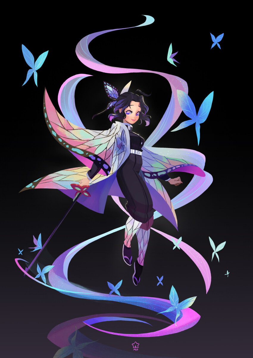 absurdres animal_print artist_request belt blue_butterfly bug butterfly butterfly_hair_ornament butterfly_on_hand butterfly_print demon_slayer_uniform flower gradient_hair hair_ornament haori highres insect japanese_clothes katana kimetsu_no_yaiba kochou_shinobu multicolored_hair parted_bangs purple_butterfly purple_hair sword sword_writing updo weapon white_belt wisteria