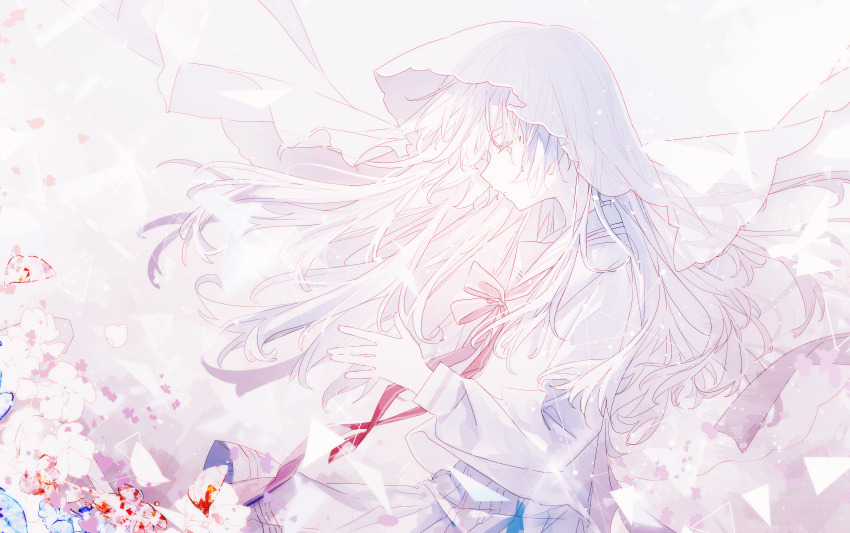 1girl absurdres arcaea blood bow bowtie closed_mouth cowboy_shot floating_hair flower from_side highres hikari_(arcaea) hikari_(zero)_(arcaea) long_hair long_sleeves looking_down maboroshi_(freeze000) own_hands_together profile red_bow red_bowtie sailor_collar school_uniform serafuku shirt skirt solo veil white_eyes white_hair white_sailor_collar white_shirt white_skirt white_veil