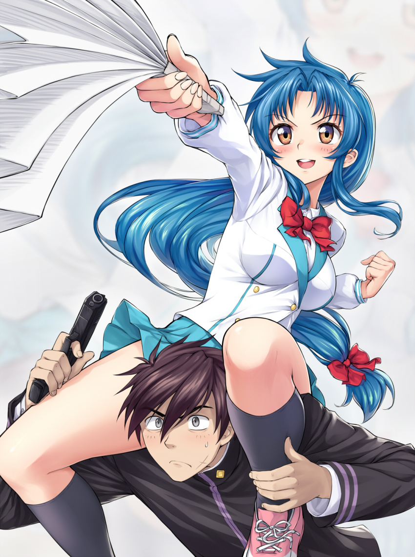 1boy 1girl aqua_skirt blue_hair bow bowtie breasts brown_eyes brown_hair carrying chidori_kaname cross_scar facial_scar full_metal_panic! gakuran grey_eyes gun hand_fan handgun harisen highres holding holding_fan holding_gun holding_weapon ivenglynn jindai_high_school_uniform long_hair low-tied_long_hair medium_breasts miniskirt pistol pleated_skirt red_neckwear sagara_sousuke scar scar_on_cheek scar_on_face school_uniform shirt shoulder_carry skirt weapon white_shirt
