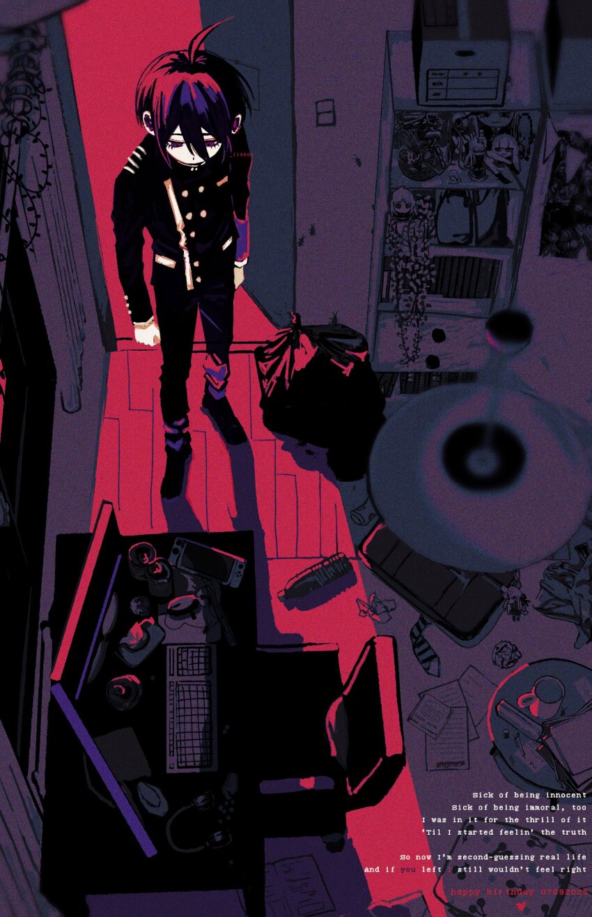 1boy ahoge backlighting black_hair black_jacket buttons commentary danganronpa_(series) danganronpa_v3:_killing_harmony dated desk door english_text eyelashes ff9900 from_above hair_between_eyes happy_birthday highres indoors jacket long_sleeves lyrics male_focus messy_room pants red_theme saihara_shuichi shadow shelf short_hair solo standing trash_bag