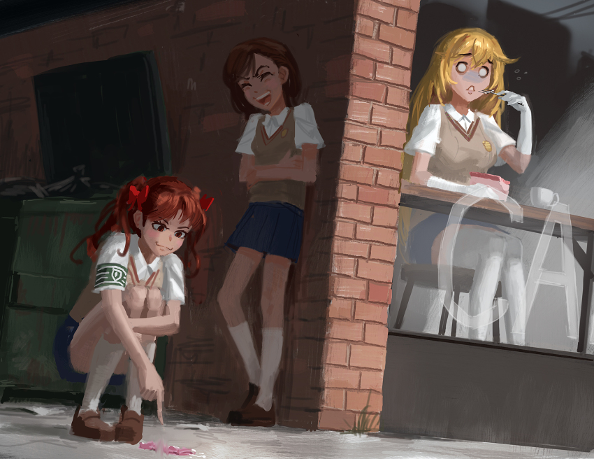 3girls blonde_hair brown_hair bullying cake commentary condom cum doyora eating food gloves highres kneehighs laughing misaka_mikoto multiple_girls o_o school_uniform serafuku shirai_kuroko shokuhou_misaki socks squatting sweater_vest teleportation thighhighs toaru_majutsu_no_index twintails used_condom white_gloves